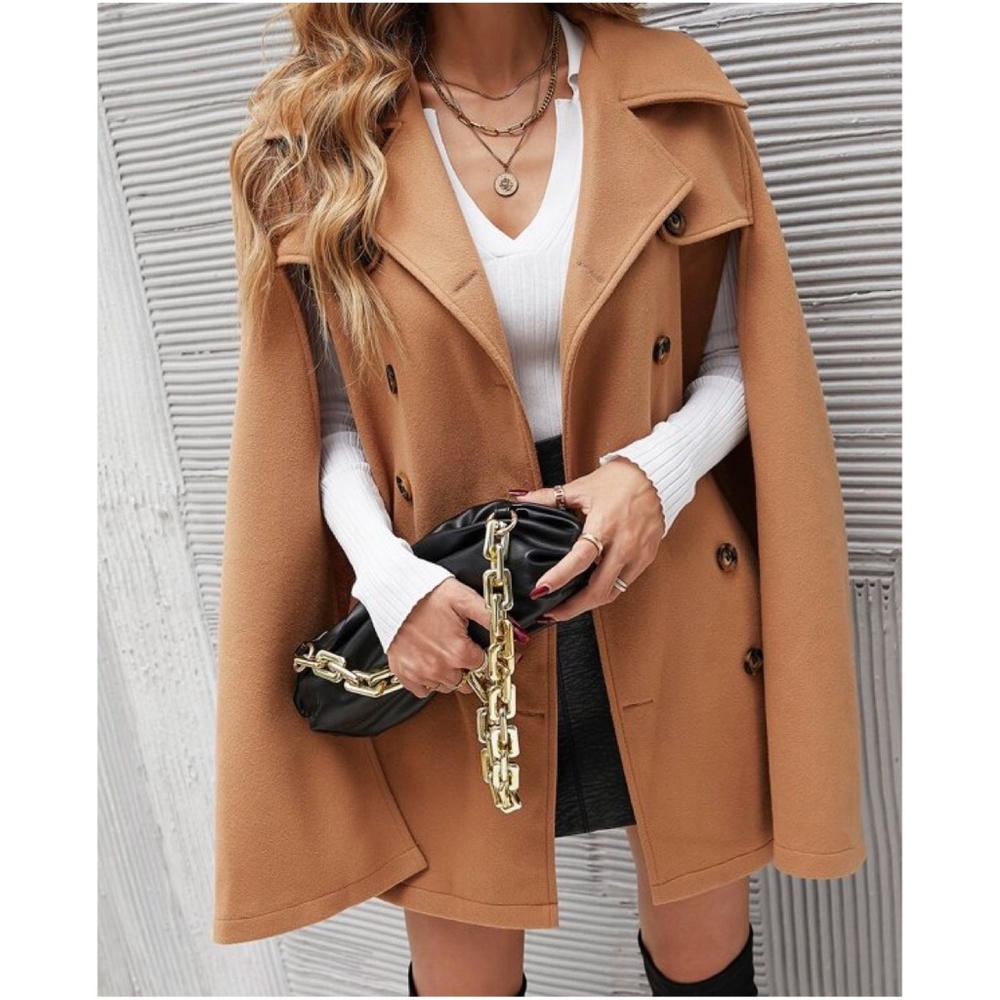 Camel Tan Button up Cape Pea Coat Jacket Work - Picture 1 of 7